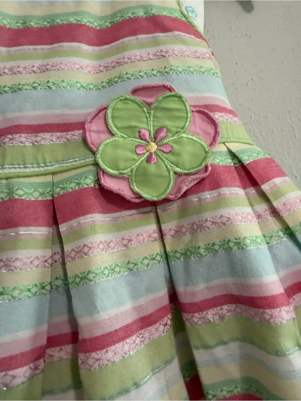 Blueberi Boulevard Girls Dress Size 3T White Pink & Green Lace Trim Pleated
